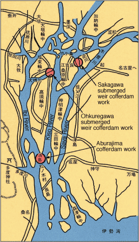 Extent of flood control work during the Horeki period and a rough map of the area at that time (1755)