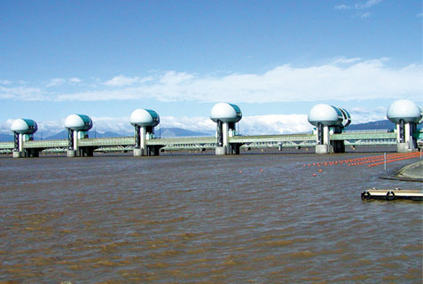 Floodwater running downstream as viewed from downstream of the barrage