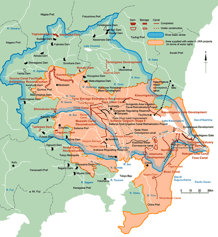 A map of Tone River System and Ara River System