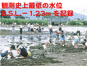 大幅に水位が低下し、干陸化した湖岸（延勝寺付近）で貝掘りをする人々 