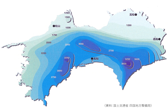 四国地方の年平均降水量分布図